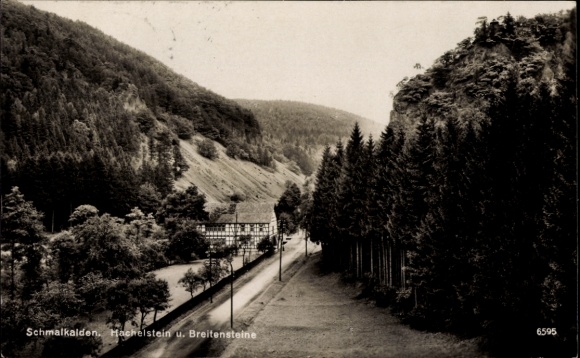Postcard Schmalkalden in the Thuringian Forest, Hackelstein, Breitensteine, landscape, trees, buildings