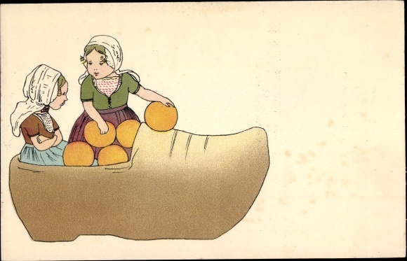 Postcard Netherlands, wooden shoe, children in costume, cheese