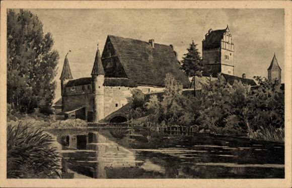 Postcard Dinkelsbühl in Middle Franconia, town mill, painted by J. Marschall