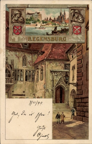 Kunstenaar Ak Regensburg aan de Donau Boven-Palts, gedeeltelijk uitzicht, kerkportaal