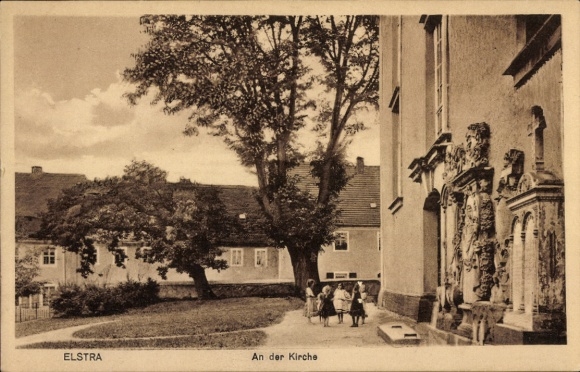 Postcard Elstra Oberlausitz, part of the church, girl, memorial stones