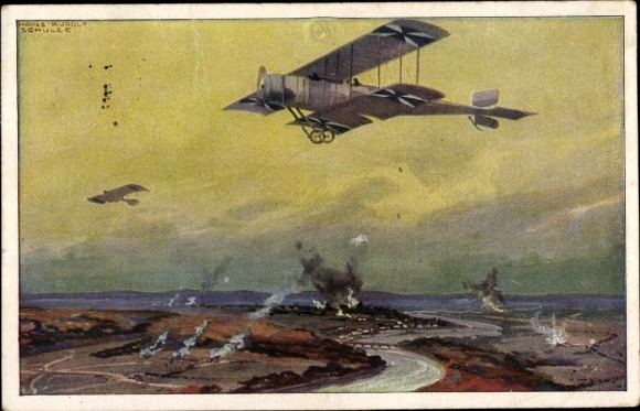 Künstler Ak Schulze, Hans Rudolf, Militärdoppeldecker auf Erkundungsflug an der Marne, I. WK