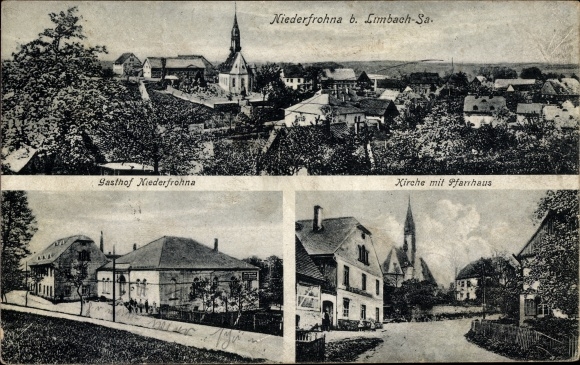 Ak Niederfrohna in Sachsen, Gesamtansicht, Gasthof, Kirche mit Pfarrhaus