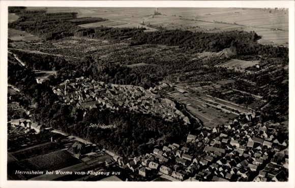 Postcard Herrnsheim Worms in Rhineland Palatinate, aerial view of castle park, houses, fields, forest