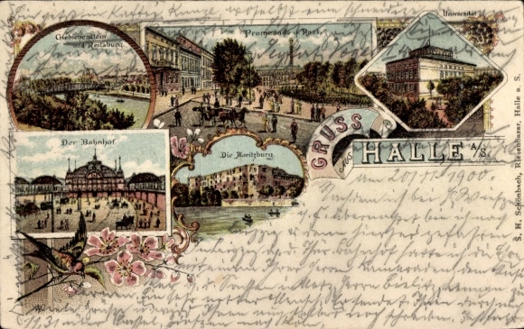 Chromo-Litho Halle an der Saale, train station, Moritzburg, university, promenade, post office