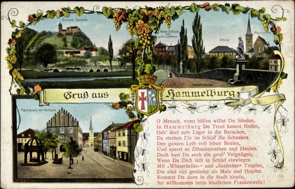 Ak Hammelburg in Unterfranken Bayern, Schloss Saaleck, Schule, Pfarrkirche, Marktplatz, Wappen
