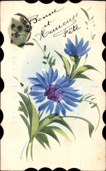 Hand-painted Postcard congratulations birthday, cornflowers