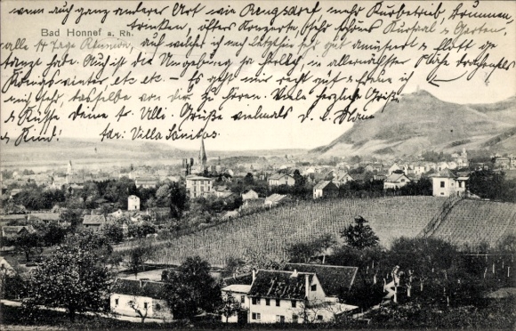 Postcard Bad Honnef am Rhein, panoramic view of vineyards, church, quiet landscape