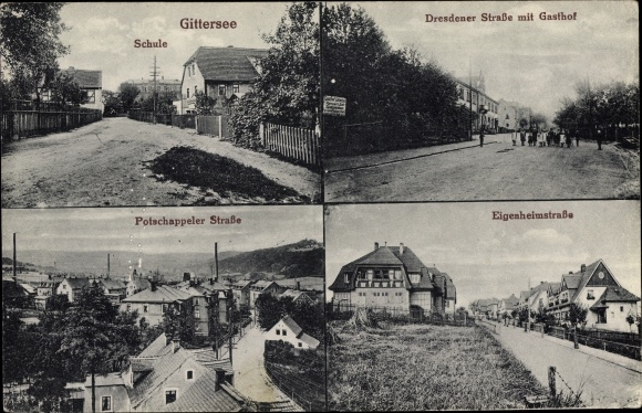 Postcard Dresden Süd Gittersee, school, Dresdner Strasse with inn, Potschappeler Strasse, Eigenheimstrasse