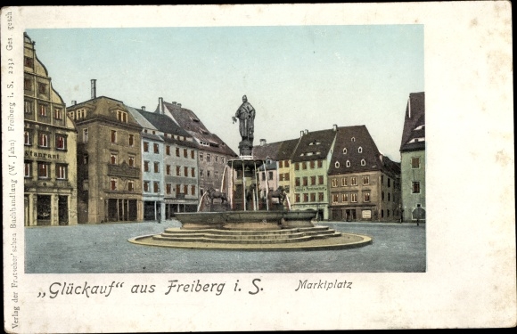 Golden Windows illuminated window Postcard Freiberg in the district of Mittelsachsen, market square, fountain