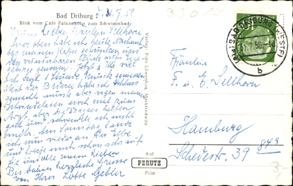 Postcard Bad Driburg in Westphalia, view from Cafe Falkenhöhe to the swimming pool