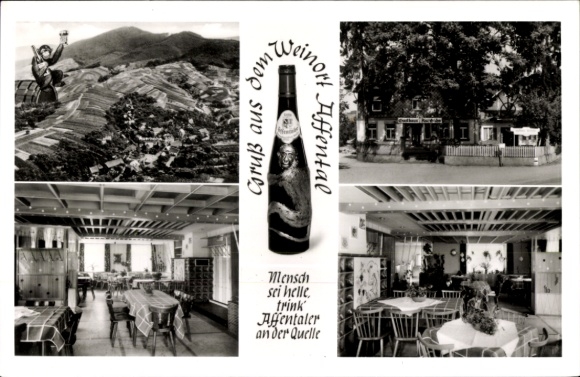 Postcard Affental Bühl in Baden, wine bottle, vineyards, guesthouse, festive hall, bright inscription