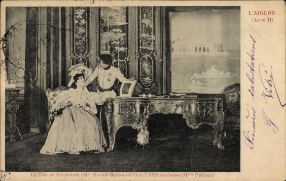 Postcard actress Sarah Bernhardt, Preval, theater scene, l'Aiglon, Acte II, Duc de Reichstadt