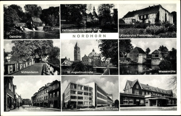 Postcard Nordhorn in the county of Bentheim, train station, oil mill, water mill, Bussmaate cotton mill