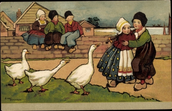 Künstler Ak Parkinson, Ethel, Kinder in niederländischer Tracht, Gänse