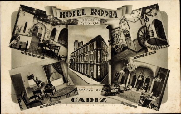 Postcard Cádiz Andalusia Spain, Hotel Roma, Bar, Rooms