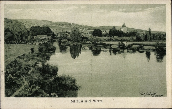 Künstler Ak Schönfeld, Paul, Mihla in Thüringen, Panorama mit der Werra