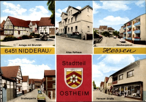 Ak Ostheim Nidderau in Hessen, Wappen, Anlage mit Brunnen, Neubaugebiet, Altes Rathaus