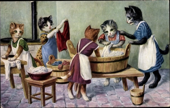 Künstler Ak Vermenschlichte Katzen waschen Wäsche