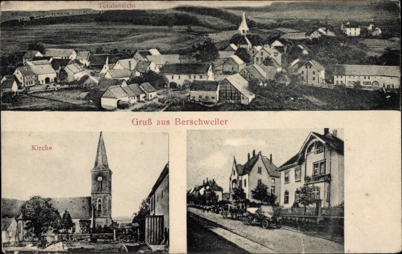Ak Berschweiler bij Baumholder, overzicht, kerk, straatgedeelte