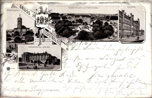 lito Neustrelitz Mecklenburg, kościół miejski, rynek, ratusz, koszary, pałac wielkoksiążęcy
