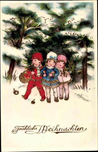 Glitter Ak Gefeliciteerd Kerstmis, kinderen in het bos, dennentakken