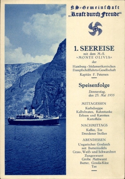 Postcard steamer MS Monte Olivia, sea voyage, menu, KDF