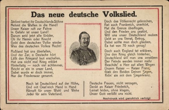 Postcard The new German folk song, Stream here, you sons of Germany, Kaiser Wilhelm II.