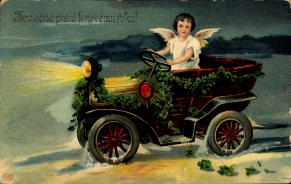 Postcard Dresden Altfranken, angel with car lettering: Srdecne prani k newemu roku