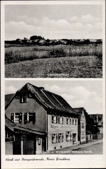 Postcard Burg Gräfenrode Karben im Wetteraukreis, butcher shop Wilhelm Barth, general view