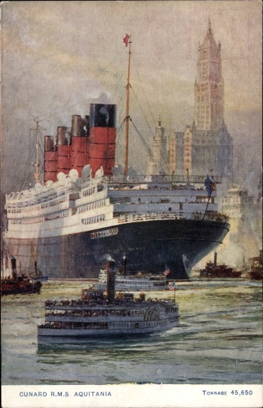 Kunstenaarsbriefkaart Cunard RMS Aquitania, passagiersstoomboot van de Cunard Line