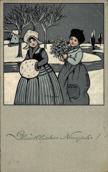 Künstler Ak Parkinson, Ethel, Fröhliches Neujahr, Kinder in Tracht, Mistelzweig, Munk