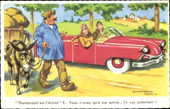 Artist Postcard Chaperon, Jean, Couple in Car, Farmer with Donkey