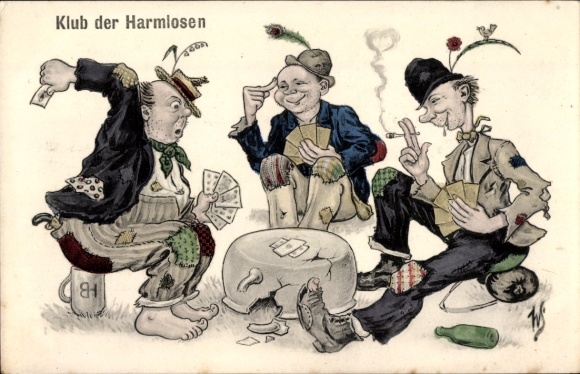 Artist Postcard Scheuermann, Willi, Club of the Harmless, Tramp playing Skat, Card game