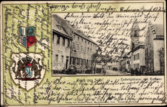 Wapenschild in reliëf Passepartout-ansichtkaart Selb in het Fichtelgebirge Opper-Franken, Ludwigstrasse, stadhuis