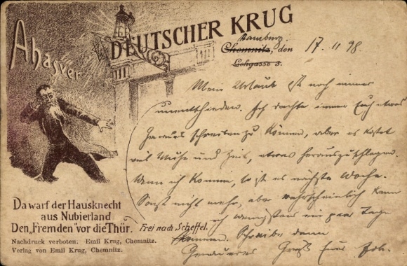Chromo-Litho Chemnitz, German Krug, Then the servant from Nubia threw the stranger out of the door