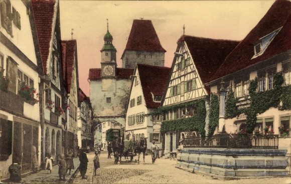 Ak Rothenburg ob der Tauber Mittelfranken, Rödergasse,   Gebäude, Pferdewagen, Menschen