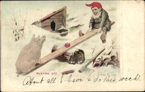 Künstler Litho Nyström, J., Zwerg und Schwein beim WIppen