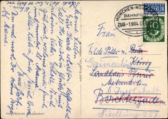 Postcard railway postmark Munich-Nuremberg train 1904