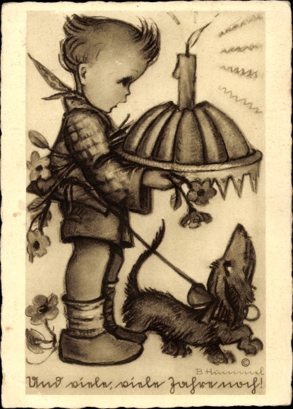 Artist PC Hummel, Berta, And many many years to come, No. 4427, child with birthday cake, dachshund