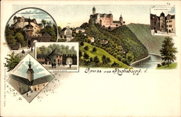 Chromo-Litho Rochsburg Lunzenau in Saxony, gatehouse, castle, powder tower, staircase