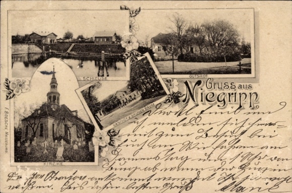 Postcard Niegripp Castle near Magdeburg, lock, church, inn "zum grünen Baum" (Green Tree Inn), manor house