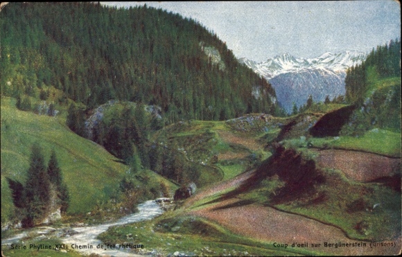 Artist Postcard Canton Graubünden Grisons, Bergünerstein, landscape motif, advertising Phytine