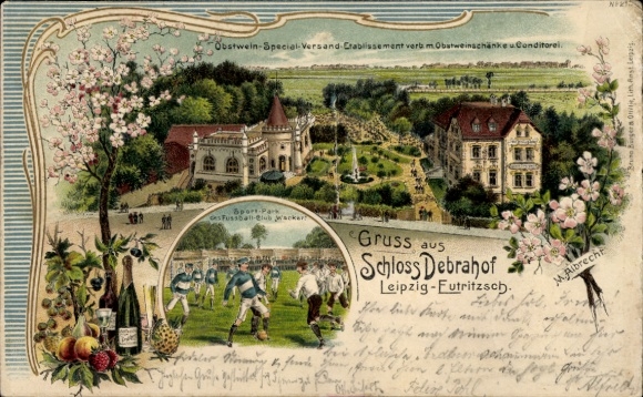 Präge Litho Eutritzsch Leipzig, Schloss Debrahof, M. Albrecht, Obstweinschänke, Fußballclub Wacker