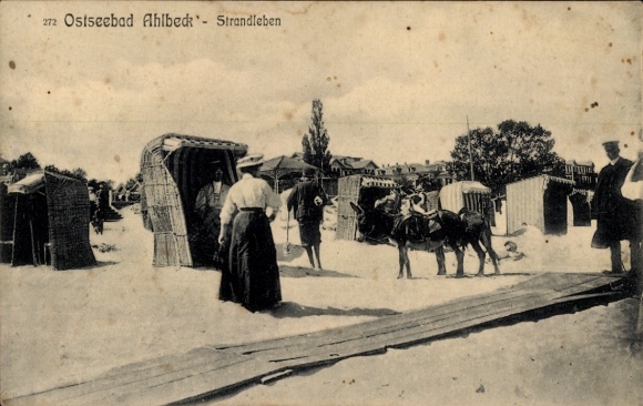 Postcard Ostseebad Ahlbeck on Usedom, Baltic Sea resort beach life, bathing hut, horse, people