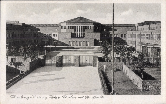 Ak Hamburg Harburg, middelbare scholen met gemeentehuis