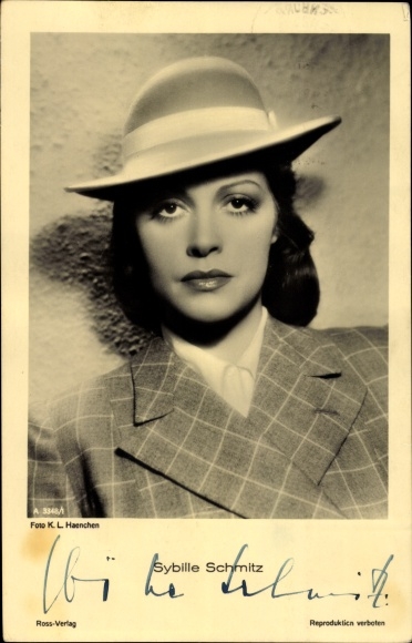 Postcard actress Sybille Schmitz, portrait, hat, autograph