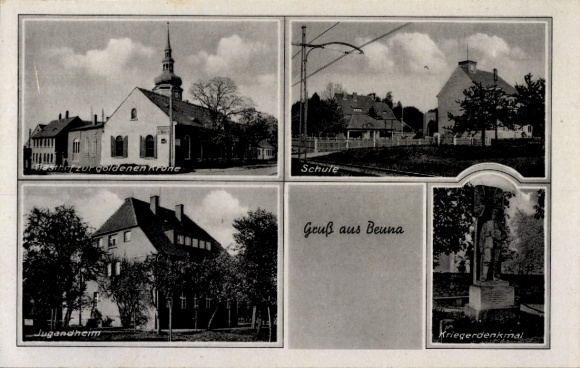 Ak Nieder Beuna Merseburg an der Saale, Vorderseite zeigt vier Gebäude, darunter Schule und Krieg