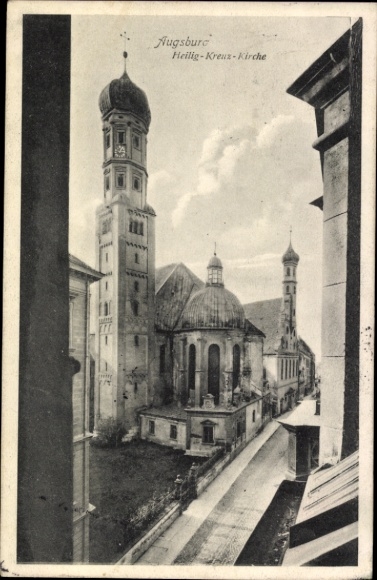 Postcard Augsburg in Swabia, Holy Cross Church, towers, clouds