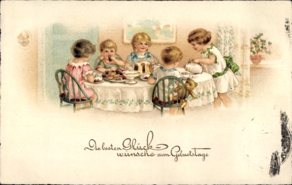 Postcard Happy Birthday, children at the dining table, cake
